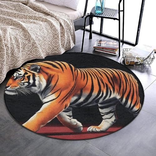 Large Home Decor Mat, Soft Round Yoga Carpet, Non Slip Machine Washable Home Office Circle Rug Animal Print Tigers