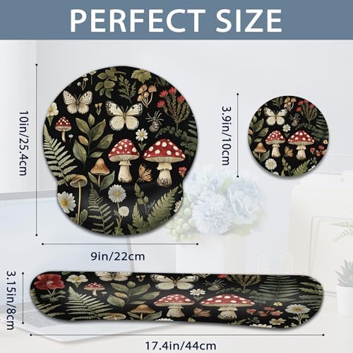 Mushroom Ergonomic Memory Foam Wrist Rest Set for Keyboard and Mouse,Butterfly Flowers Herbs Supportive Mouse Pad with Non Slip Base for Office Work and Gaming