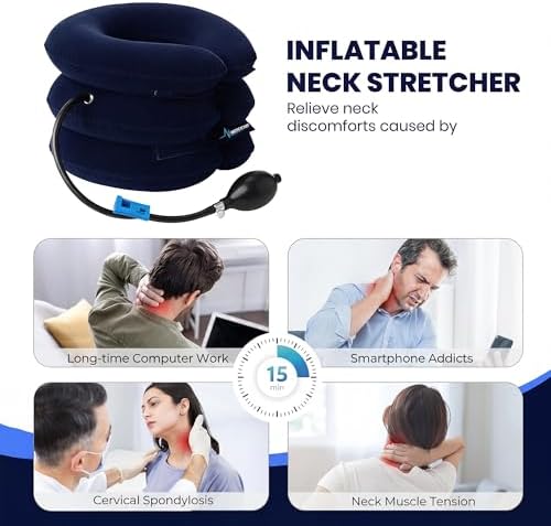 Neck Stretcher, Cervical Traction Device, Neck Traction Device for Neck Pain Relief, Adjustable Inflatable Neck Stretcher Cervical Traction and Neck Brace, Neck Decompression Home Use (Blue)