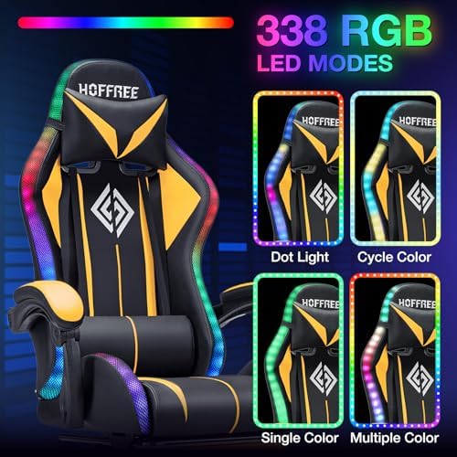 RGB Gaming Chair with Bluetooth Speakers LED Lights Computer Chair-Yellow