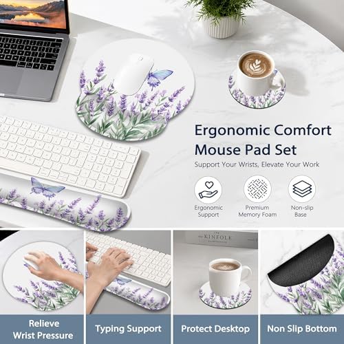 Lavender Butterfly Wrist Rest Mouse Pad and Keyboard Support Set,Purple 3 in 1 Ergonomic Memory Foam Mousepad with Non Slip Base, Gaming Mouse Pad for Office and Home