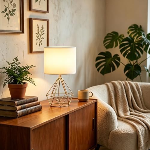 SOTTAE Gold Table Lamps Set of 2, Small Gold End Table Lamp with White Fabric Shade,Bedside Nightstand Lamp with Geometric Metal Design,Modern Desk Lamp for Living Room Bedroom