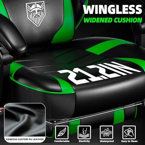 Vonesse Gaming Chair, Big and Tall Gaming Chair with Footrest and Massage, Gaming Chairs for Adults with Lumbar Support, Ergonomic High Back Computer Chair with Pocket Spring Cushion (Green/Black)