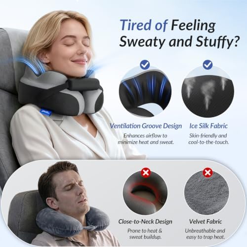 ZIKEE Travel Pillow for Airplane, Adjustable Chin Support for Stable Sleep, Ergonomic Neck Pillow to Support Head & Neck on Flights, Ear-Friendly Memory Foam Airplane Pillow, Carry Case, Airy Cover