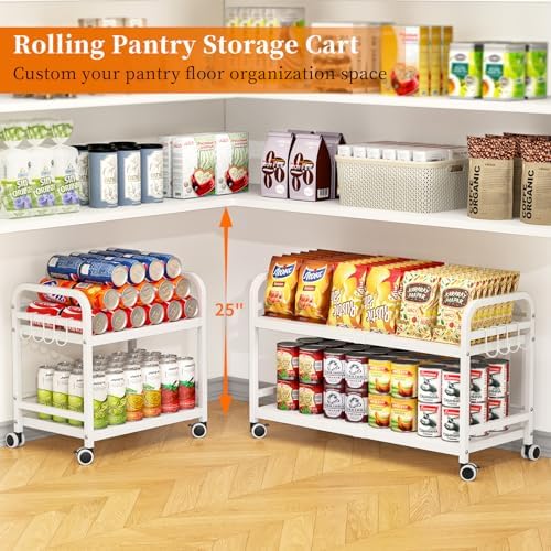 2-Tier Expandable Rolling Cart, Pantry Storage Cart with Wheels, Adjustable Rolling Pantry Floor Organizer, Metal Under Desk Cart, Sturdy Can Storage & Snack Organizer for Kitchen Pantry, White