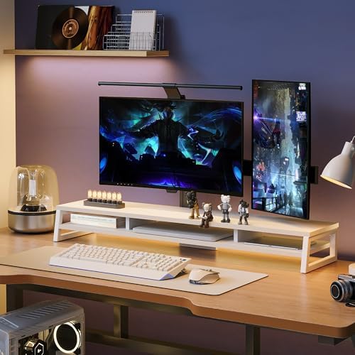 Fenge Dual Monitor Riser for Desk, Open Shelf with 3 Storage Compartments