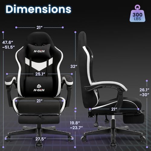 N-GEN GAMING Gaming Chair, Reclining Backrest, Footrest, Fabric, Black