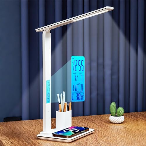 IHAO 7in1 Multi Functional Desk Lamp with Wireless Charger Digital Clock Fast Charging for Phone Earbuds Time/Date/Temp Display Alarm Clock 3 Light Modes Detachable Pen Brush Pot-HYT1771 White