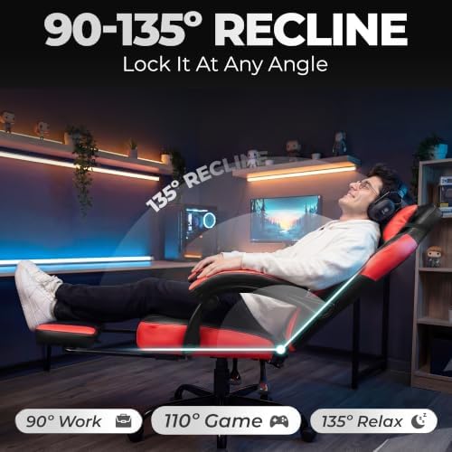 N-GEN GAMING Big & Tall Gaming Chair with Footrest and Lumbar, Red Black