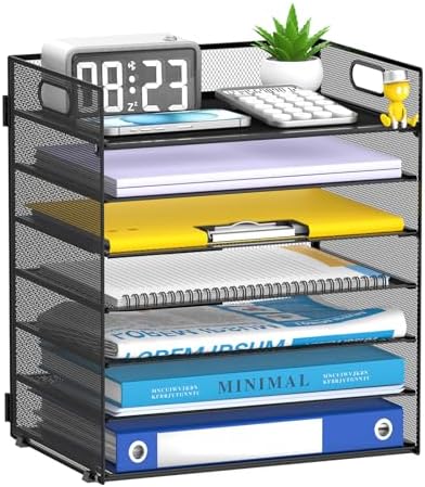 7 Tier Paper Organizer for Desk with Letter Trays & Handle Black