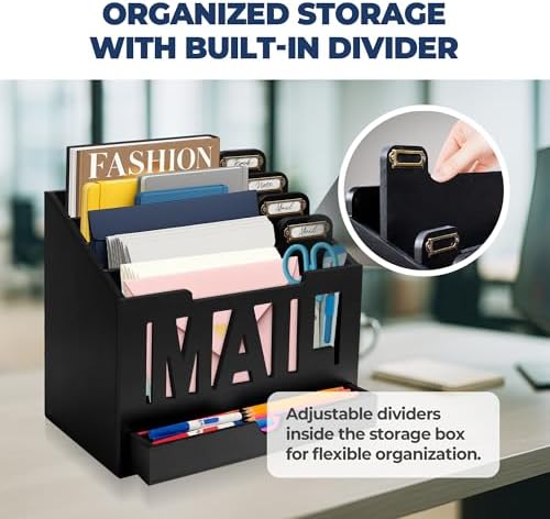 Mail Organizer Countertop, Desktop Mail Sorter with Drawer & Label Tags, BK
