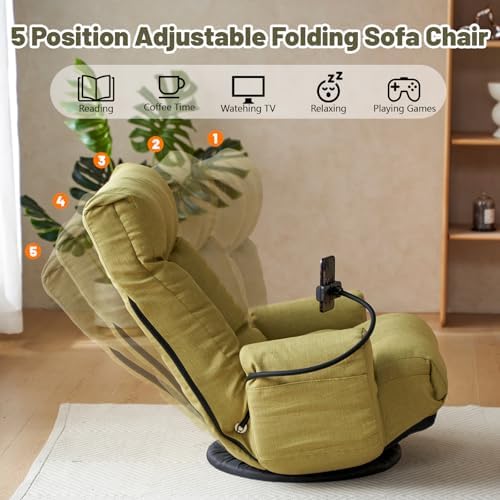 360° Swivel Gaming Floor Chair, 5 Position Adjustable Folding Sofa Chair with Armrests & Phone Holder, Cushion Padded Indoor Chaise Lounge for Adults, Home Office Floor Leisure Chairs, Green