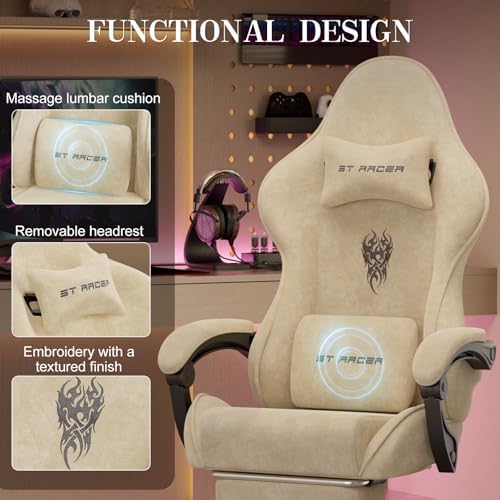 Soontrans Beige Velvet Gaming Chair with Embroidery Design