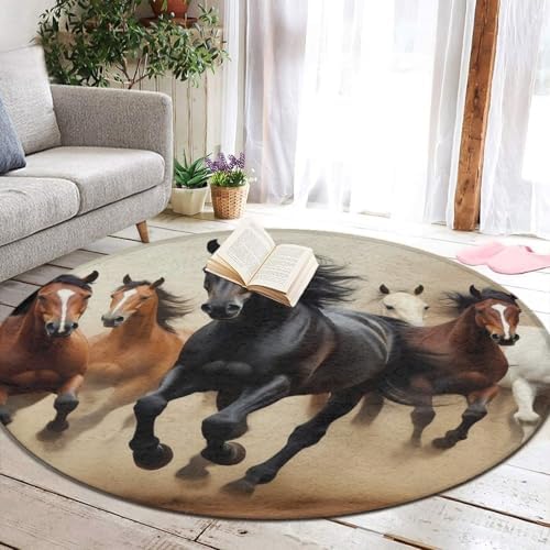 Fashion Round Area Rug Large Non Slip Carpet Unisex Home Decor Mat Running Horses Animal Theme Horse
