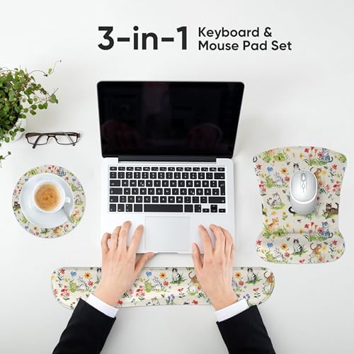 Ergonomic Memory Foam Keyboard Mouse Pad Set with Wrist Rest Support,Non-Slip Hand Wrist Cushion for Laptop/Notebook/Desktop/Computer/Gaming/Office,Easy Typing& Pain Relief (Garden Cat)