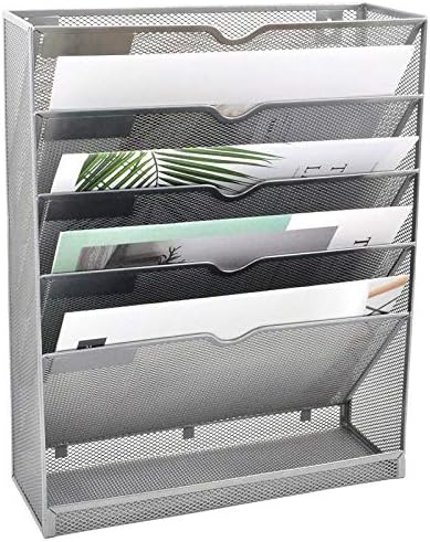 EASEPRES Mesh Wall File Organizer 6 Tier Vertical Mount Hanging Holder Magazine Rack with Bottom Flat Tray, Sides Closed, Silver