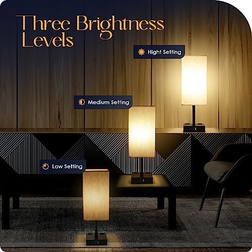 Bedside Table Lamp for Bedroom - Touch Small Lamp with USB C+A Charging Ports & AC Outlets, 3 Way Dimmable Nightstand Light for Living Room (LED Bulb Included, Flaxen)