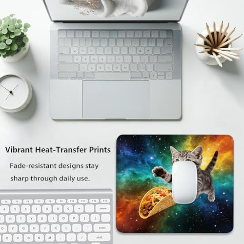 Adorable Space Cat Chasing Taco Mouse Pad, Rainbow Galaxy Durable Desk Mat