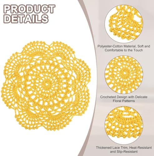 uxcell 6 Pcs Crochet Handmade Cotton Placemat Doilies for Table 7.9" Yellow