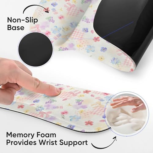 Ergonomic Memory Foam Keyboard Mouse Pad Set with Wrist Rest Support,Non-Slip Hand Wrist Cushion for Laptop/Notebook/Desktop/Computer/Gaming/Office,Easy Typing& Pain Relief (Flowers & Bowknot)
