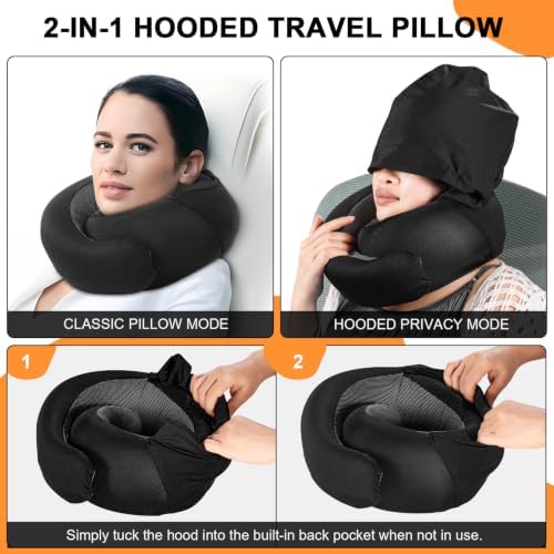 Travel Pillow - Hooded Neck Pillow Airplane Memory Foam Filling