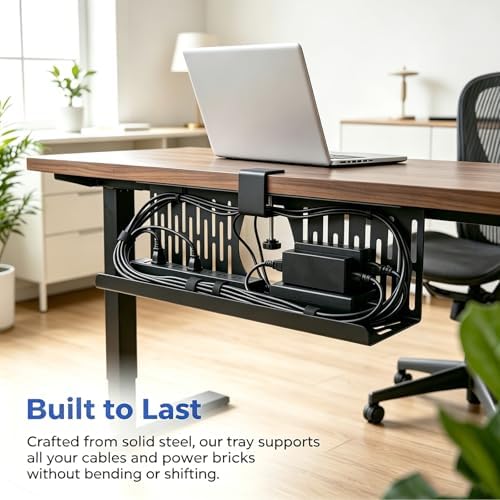 Under Desk Cable Management Tray, Cord Organizer for Desk Cable Management Tray Under Desk with Clamp for Home Office, Standing Desk (2Pack Black)