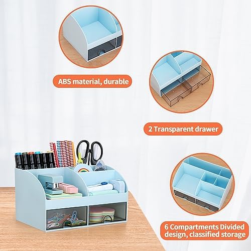 Office Desk Organizer with Drawers for Desktop/Tabletop/Counter, Desk Top Accessories Stationary Organizer Desk Caddy, Pen/Pencil/Business Card/Sticky Note Tray/Paperclip Holder Storage Box (Blue)