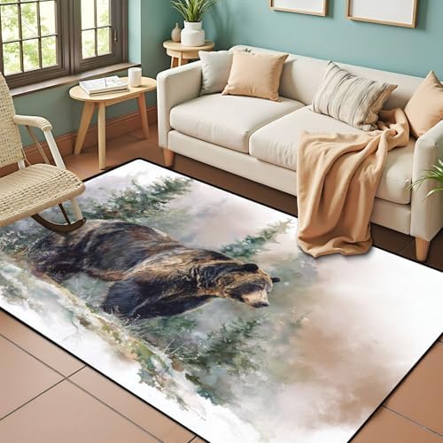 Peaceful Bear by Pine Trees Sunlit Moss Warm Tones Area Rug Outdoor Patio Rug Play Mat Modern Floor Carpet Non-Slip Home Decor Living Room Kids Bedroom Nursery, 3x5 ft