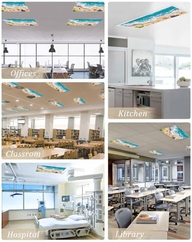 Ocean 2 Pcs Fluorescent Light Covers, Sandy Beach Marine Wave Seashell Magnetic Filters Shade Panel Light Covers for Ceiling Lights Classroom Office Home Ceiling Decoration, 4 x 2 Ft