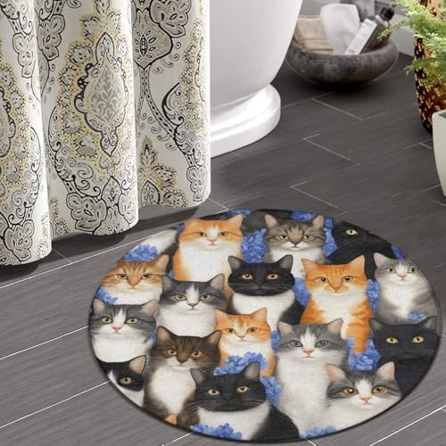 Fashion Round Area Rug Large Non Slip Carpet Unisex Home Decor Mat Floral Blue Flowers Kitten Cats