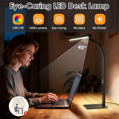 LED Desk Lamp for Office Home: Pomodoro Timer Table Light with Base 1600 Lumen Bright - 5 Color Stepless Dimming for Reading Study Drafting