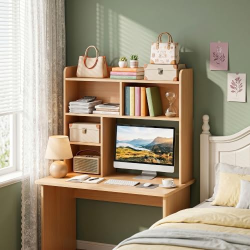 SUPER DEAL Desktop Bookshelf, Countertop Storage Hutch with 3 Shelves for Computer Desk, 2-Tier Display Rack, Multipurpose Wood Desk Hutch Storage Organizer for Home Office Dorm, Natural