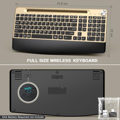 GAMCATZ Ergonomic Wireless Keyboard and Mouse with Wrist Rest，Phone Holder - 2.4GHz Full-Sized Low-Profile Quiet Gold Wireless Mouse and Keyboard Combo for Computer, Laptop, PC, Mac-Gold