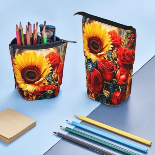 Sunflowers and Roses Flowers Standing Pencil Case