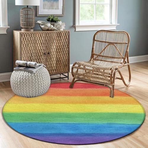 Men's Large Home Decor Mat, Soft Round Yoga Carpet, Non Slip Machine Washable Home Office Circle Rug Rainbow Pride Pattern