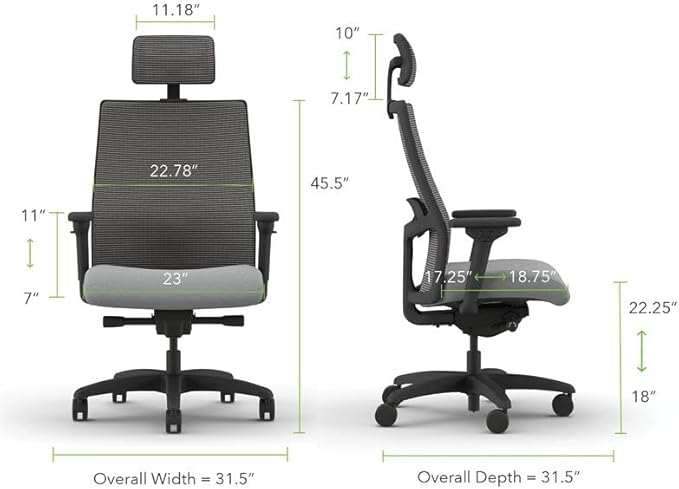 HON Ignition 2.0 Big and Tall Ergonomic Mesh Office Chair with Headrest, 450 lb Capacity, Extra‑Wide High‑Back Desk Chair with Adjustable Arms, Lumbar Support, Tilt Recline, Black Frame, Ash