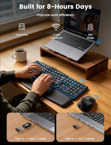 SABLUTE Wireless Keyboard and Mouse, Keyboard with Leather Wrist Rest