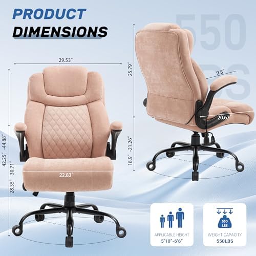 550LBS Big and Tall Office Chair, Comfy Heavy Duty Executive Chair with Adjustable Lumbar Support Double Spaces Casters, Fabric Extra Wide Seat Ergonomic Computer Desk Chair for Back Pain,Pinkcloth