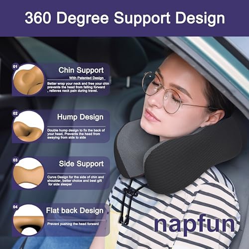 napfun Neck Pillow for Travel, Memory Foam Airplane Pillow, Charcoal Black