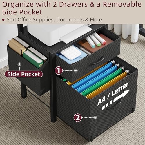 HIGDBFE File Cabinet with 2 Fabric Drawers and Printer Stand, Black