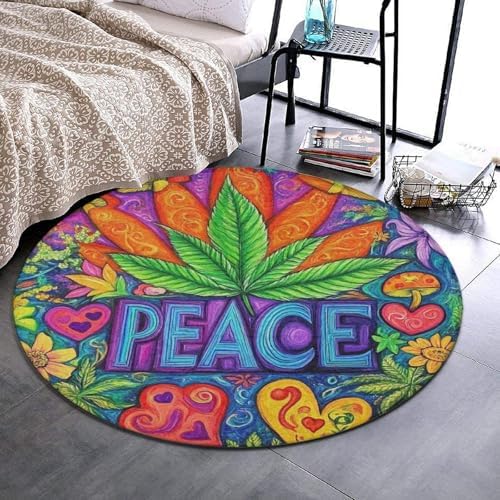 Room Sofa Yoga Soft Round Carpet, Home Decor Non Slip Kitchen Office Circle Rug, Machine Washable Modern Round Area Rug Peace and Love Colorful Flower Weed Leaf, 36inch