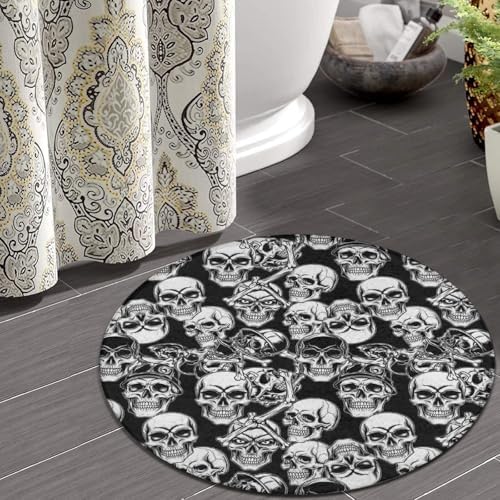 Men's Large Home Decor Mat, Soft Round Yoga Carpet, Non Slip Machine Washable Home Office Circle Rug Cool Funny Goth Skulls Art, 36inch