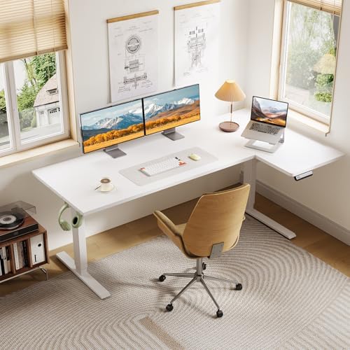 OffiGo 63 Inch Reversible L Shaped Electric Standing Desk, White