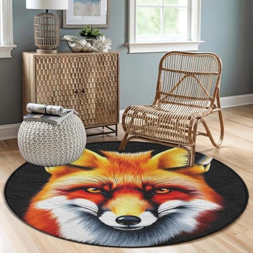 Men's Large Home Decor Mat, Soft Round Yoga Carpet, Non Slip Machine Washable Home Office Circle Rug Fox Art