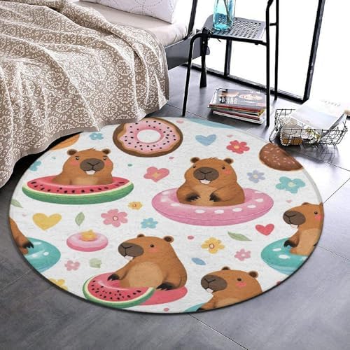 Soft Round Yoga Carpet, Large Home Decor Mat, Non Slip Machine Washable Kitchen Office Circle Rug Cute Capybaras