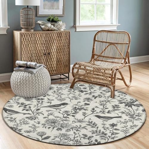 Soft Round Yoga Carpet, Large Home Decor Mat, Non Slip Machine Washable Kitchen Office Circle Rug Flower Bird Floral