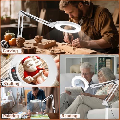 LANCOSC 15X Magnifying Glass with Light and Stand, 3-in-1 Adjustable Swing Floor Lamp, 5 Color Modes Stepless Dimmable, LED Lighted Hands Free Magnifier & Clamp for Reading, Crafts, Painting - White