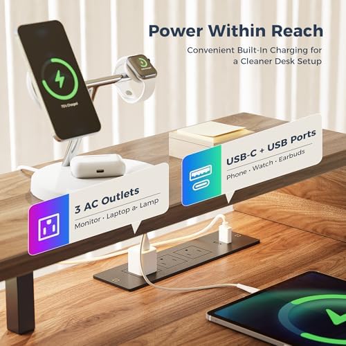 Klicelor Electric Standing Desk with Shelf, 48 Inch Height Adjustable Desk with Power Outlets & LED, Sit Stand Up Table with Monitor Stand, Computer Workstation for Home Office, Dark Walnut