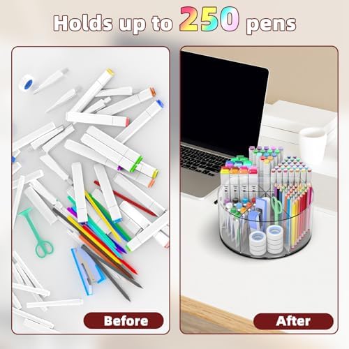 Absonic 250pcs Acrylic Pencil Holder Marker Organizer, Back to School 360-Degree Rotating Pen Holder, Crayon Organizers for Kids Pencil Organizer Caddy Art Supply Lazy Susan Organizer for Desk Office