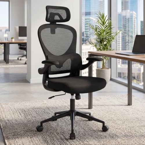 LuxErgo Ergonomic Office Chair, High Back Home Office Chair with 4D Adjustable Headrest & Lumbar Support, 330lbs Capacity Mesh Desk Chairs with Flip-Up Arms, Comfortable Computer Chairs, Black